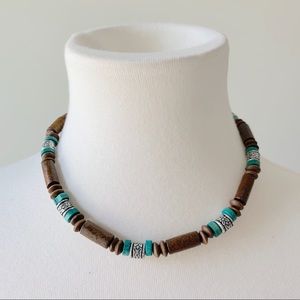Brown Turquoise Silver Wooden Necklace